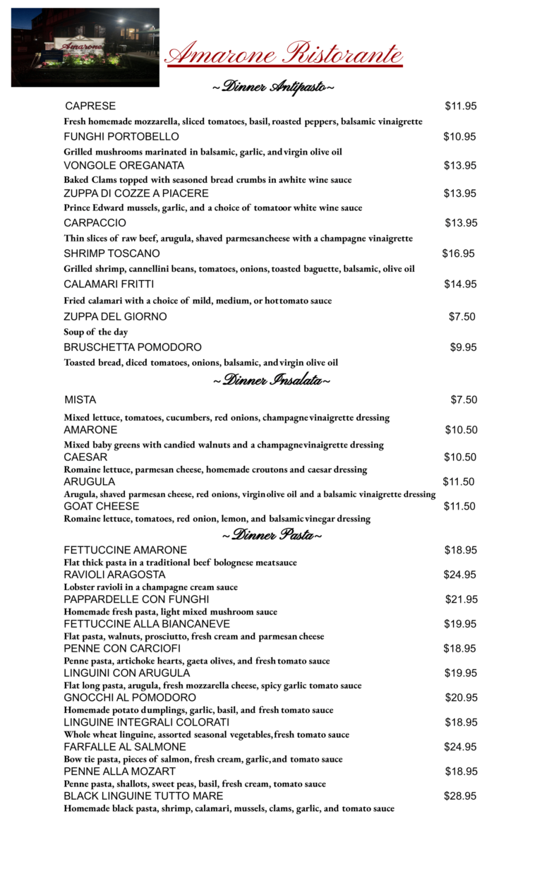 Dinner Menu Amarone Ristorante Authentic Italian Cuisine in Teaneck